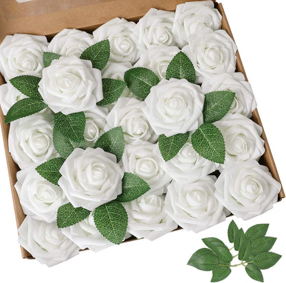 Artificial Flowers Dark Red Rose 25pcs Real Looking Fake Roses w/Stem for DIY Wedding Bouquets Centerpieces Arrangements Party Baby Shower Birthday Christmas Tree Decorations