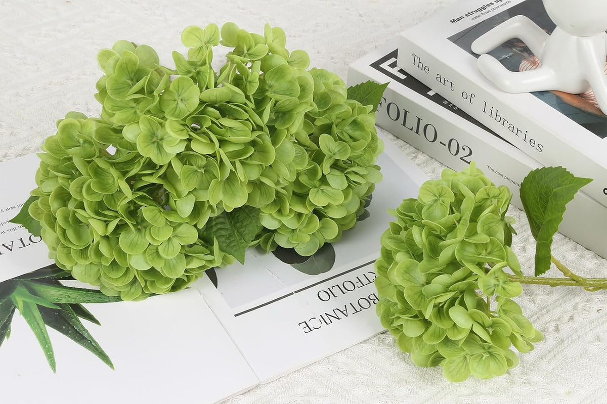 6PCS Real Touch Hydrangea Artificial Flowers Green Full Faux Hydrangea Flowers with Stems Latex Realistic Fake Hydrangeas for Home Table Centerpieces Wedding Bouquets Party Decoration (Green)