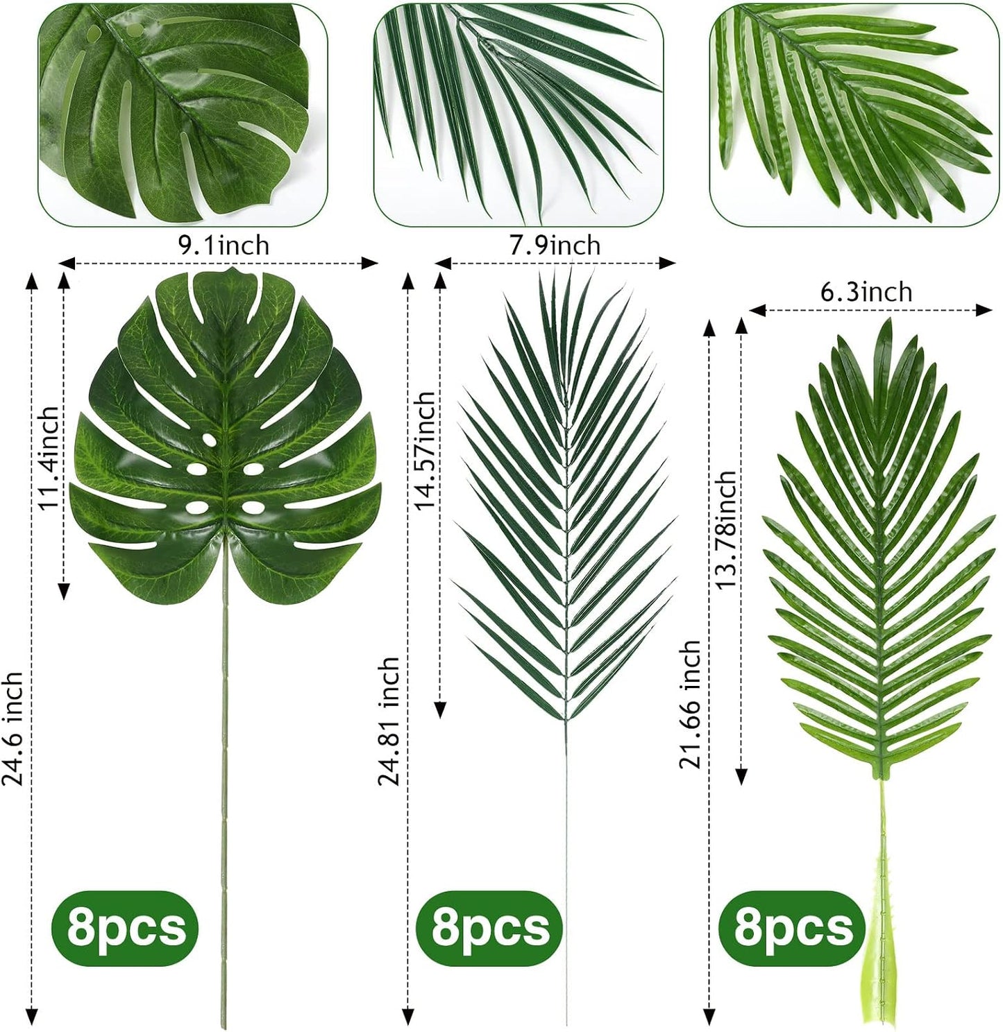 24 Pcs Artificial Palm Leaves with Stems 3 Kind,Fresh Style,Small | Faux Palm Leaves for Vase, Monstera Leaf, Safari Jungle Leaves, Greenery for Hawaiian Summer Party Table Wedding Decoration