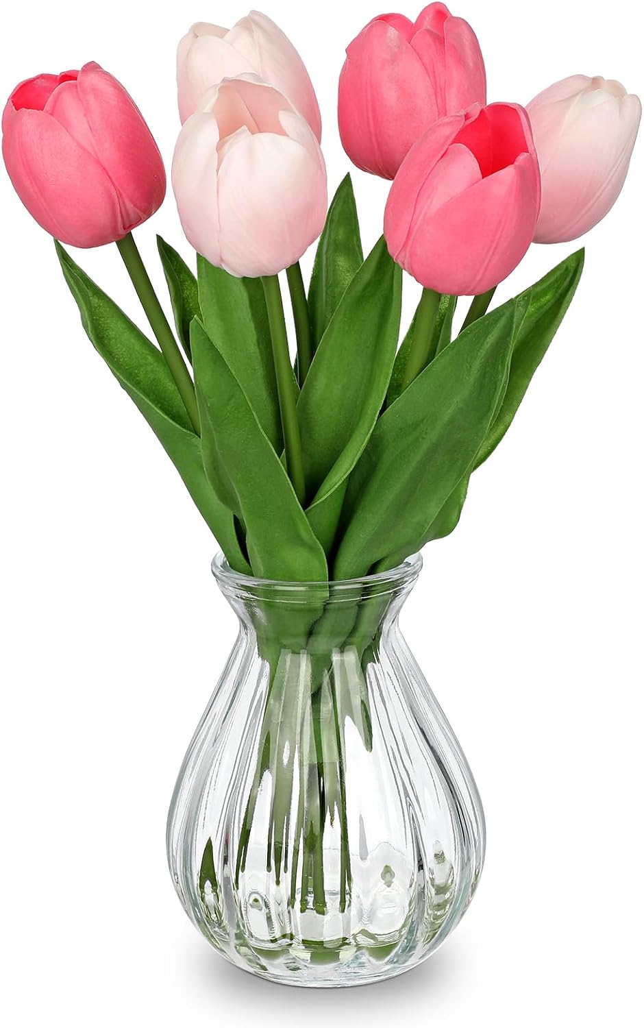 Artificial Tulips Flowers Floral Arrangement - 6 Pcs Faux Flowers in Clear Glass Vase with Faux Water 12.5" Pink & White Ombre Fake Tulip Bouquet Centerpiece for Dining Table Home Wedding Office Decor