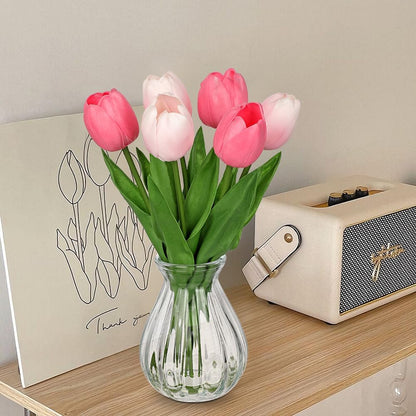 Artificial Tulips Flowers Floral Arrangement - 6 Pcs Faux Flowers in Clear Glass Vase with Faux Water 12.5" Pink & White Ombre Fake Tulip Bouquet Centerpiece for Dining Table Home Wedding Office Decor