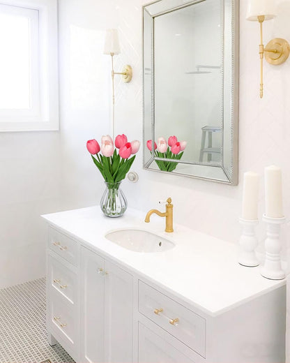 Artificial Tulips Flowers Floral Arrangement - 6 Pcs Faux Flowers in Clear Glass Vase with Faux Water 12.5" Pink & White Ombre Fake Tulip Bouquet Centerpiece for Dining Table Home Wedding Office Decor
