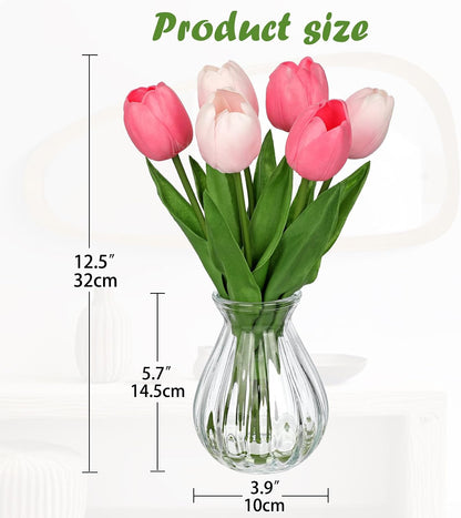 Artificial Tulips Flowers Floral Arrangement - 6 Pcs Faux Flowers in Clear Glass Vase with Faux Water 12.5" Pink & White Ombre Fake Tulip Bouquet Centerpiece for Dining Table Home Wedding Office Decor