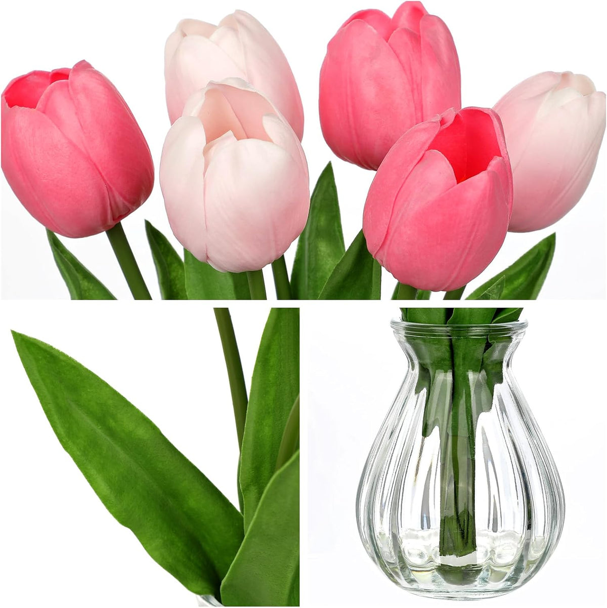 Artificial Tulips Flowers Floral Arrangement - 6 Pcs Faux Flowers in Clear Glass Vase with Faux Water 12.5" Pink & White Ombre Fake Tulip Bouquet Centerpiece for Dining Table Home Wedding Office Decor