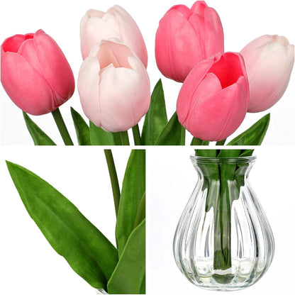 Artificial Tulips Flowers Floral Arrangement - 6 Pcs Faux Flowers in Clear Glass Vase with Faux Water 12.5" Pink & White Ombre Fake Tulip Bouquet Centerpiece for Dining Table Home Wedding Office Decor