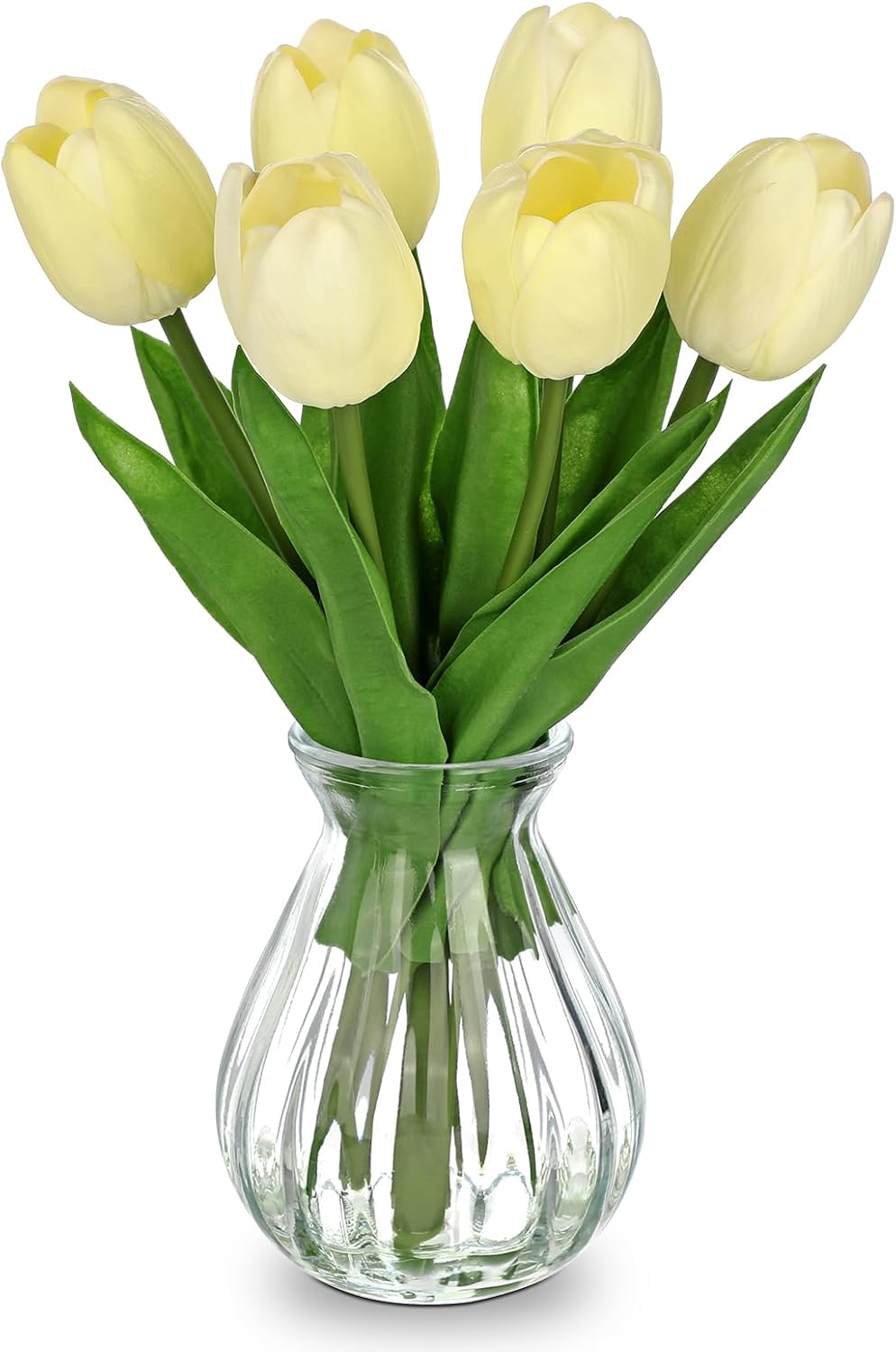 Artificial Tulips Flowers Floral Arrangement - 6 Pcs Faux Flowers in Clear Glass Vase with Faux Water 12.5" Pink & White Ombre Fake Tulip Bouquet Centerpiece for Dining Table Home Wedding Office Decor