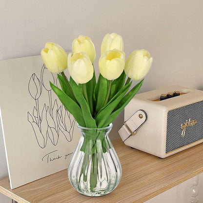 Artificial Tulips Flowers Floral Arrangement - 6 Pcs Faux Flowers in Clear Glass Vase with Faux Water 12.5" Pink & White Ombre Fake Tulip Bouquet Centerpiece for Dining Table Home Wedding Office Decor