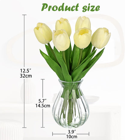Artificial Tulips Flowers Floral Arrangement - 6 Pcs Faux Flowers in Clear Glass Vase with Faux Water 12.5" Pink & White Ombre Fake Tulip Bouquet Centerpiece for Dining Table Home Wedding Office Decor