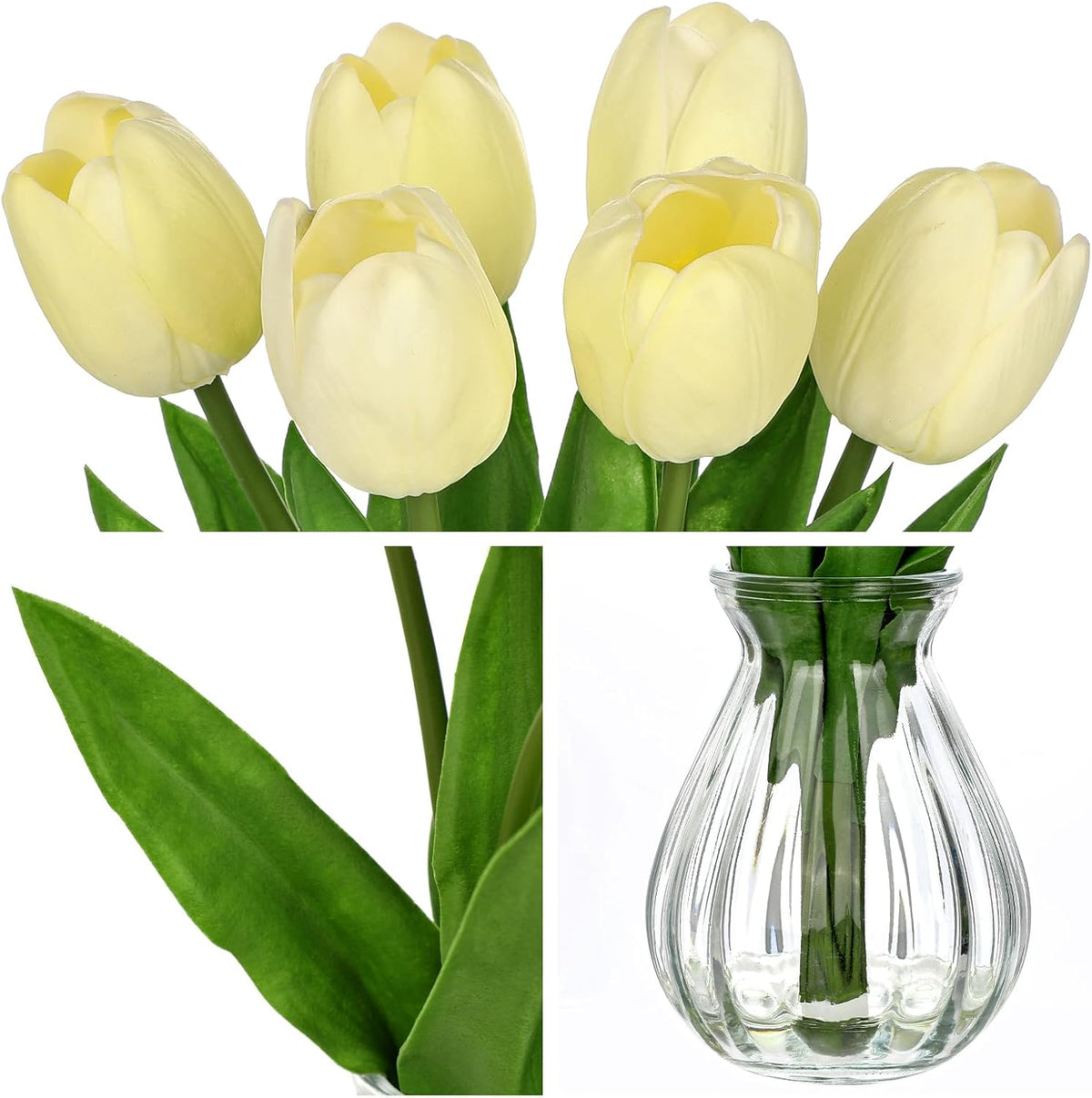 Artificial Tulips Flowers Floral Arrangement - 6 Pcs Faux Flowers in Clear Glass Vase with Faux Water 12.5" Pink & White Ombre Fake Tulip Bouquet Centerpiece for Dining Table Home Wedding Office Decor