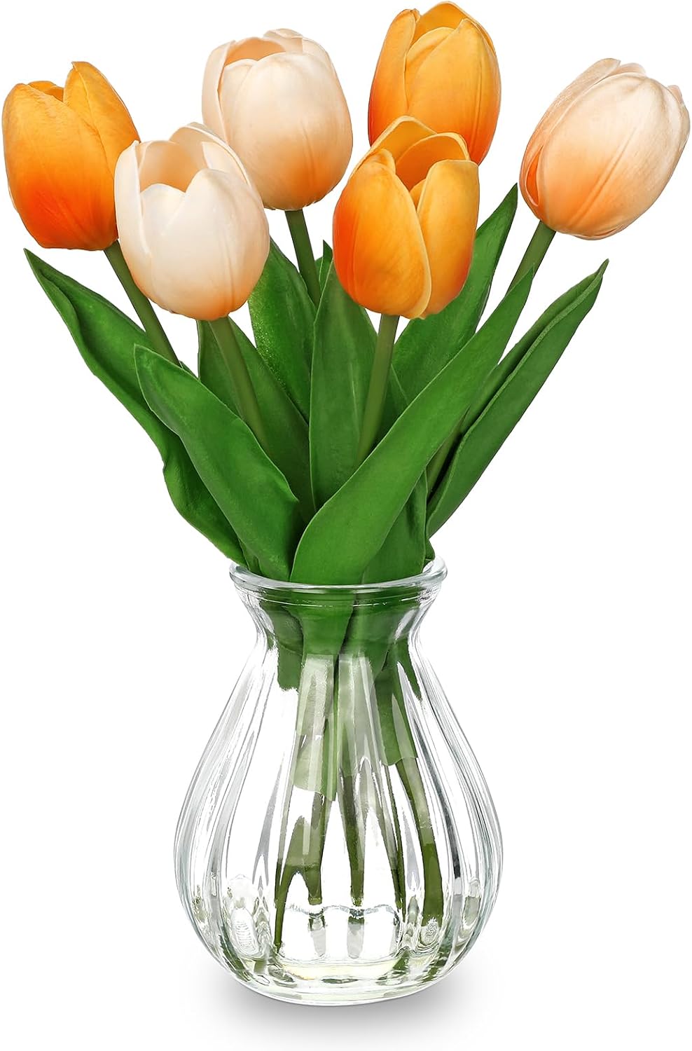 Artificial Tulips Flowers Floral Arrangement - 6 Pcs Faux Flowers in Clear Glass Vase with Faux Water 12.5" Pink & White Ombre Fake Tulip Bouquet Centerpiece for Dining Table Home Wedding Office Decor