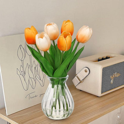 Artificial Tulips Flowers Floral Arrangement - 6 Pcs Faux Flowers in Clear Glass Vase with Faux Water 12.5" Pink & White Ombre Fake Tulip Bouquet Centerpiece for Dining Table Home Wedding Office Decor