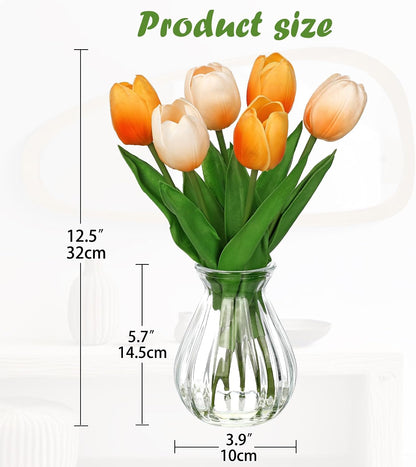 Artificial Tulips Flowers Floral Arrangement - 6 Pcs Faux Flowers in Clear Glass Vase with Faux Water 12.5" Pink & White Ombre Fake Tulip Bouquet Centerpiece for Dining Table Home Wedding Office Decor