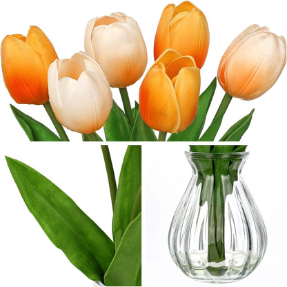 Artificial Tulips Flowers Floral Arrangement - 6 Pcs Faux Flowers in Clear Glass Vase with Faux Water 12.5" Pink & White Ombre Fake Tulip Bouquet Centerpiece for Dining Table Home Wedding Office Decor