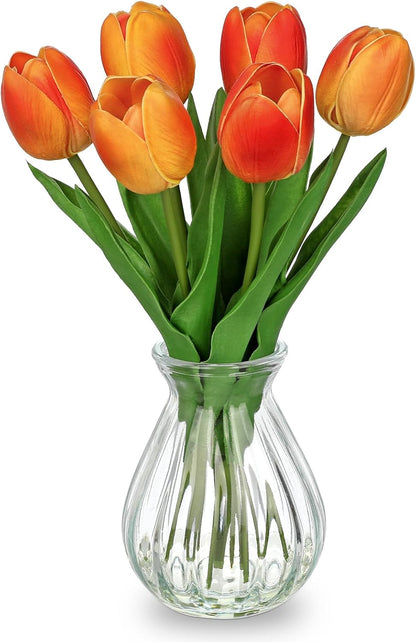 Artificial Tulips Flowers Floral Arrangement - 6 Pcs Faux Flowers in Clear Glass Vase with Faux Water 12.5" Pink & White Ombre Fake Tulip Bouquet Centerpiece for Dining Table Home Wedding Office Decor