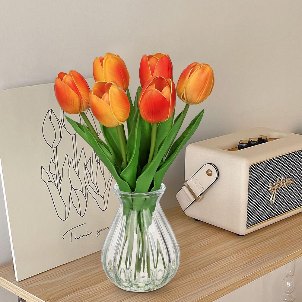 Artificial Tulips Flowers Floral Arrangement - 6 Pcs Faux Flowers in Clear Glass Vase with Faux Water 12.5" Pink & White Ombre Fake Tulip Bouquet Centerpiece for Dining Table Home Wedding Office Decor
