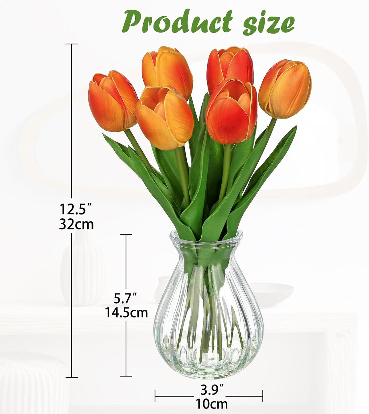 Artificial Tulips Flowers Floral Arrangement - 6 Pcs Faux Flowers in Clear Glass Vase with Faux Water 12.5" Pink & White Ombre Fake Tulip Bouquet Centerpiece for Dining Table Home Wedding Office Decor