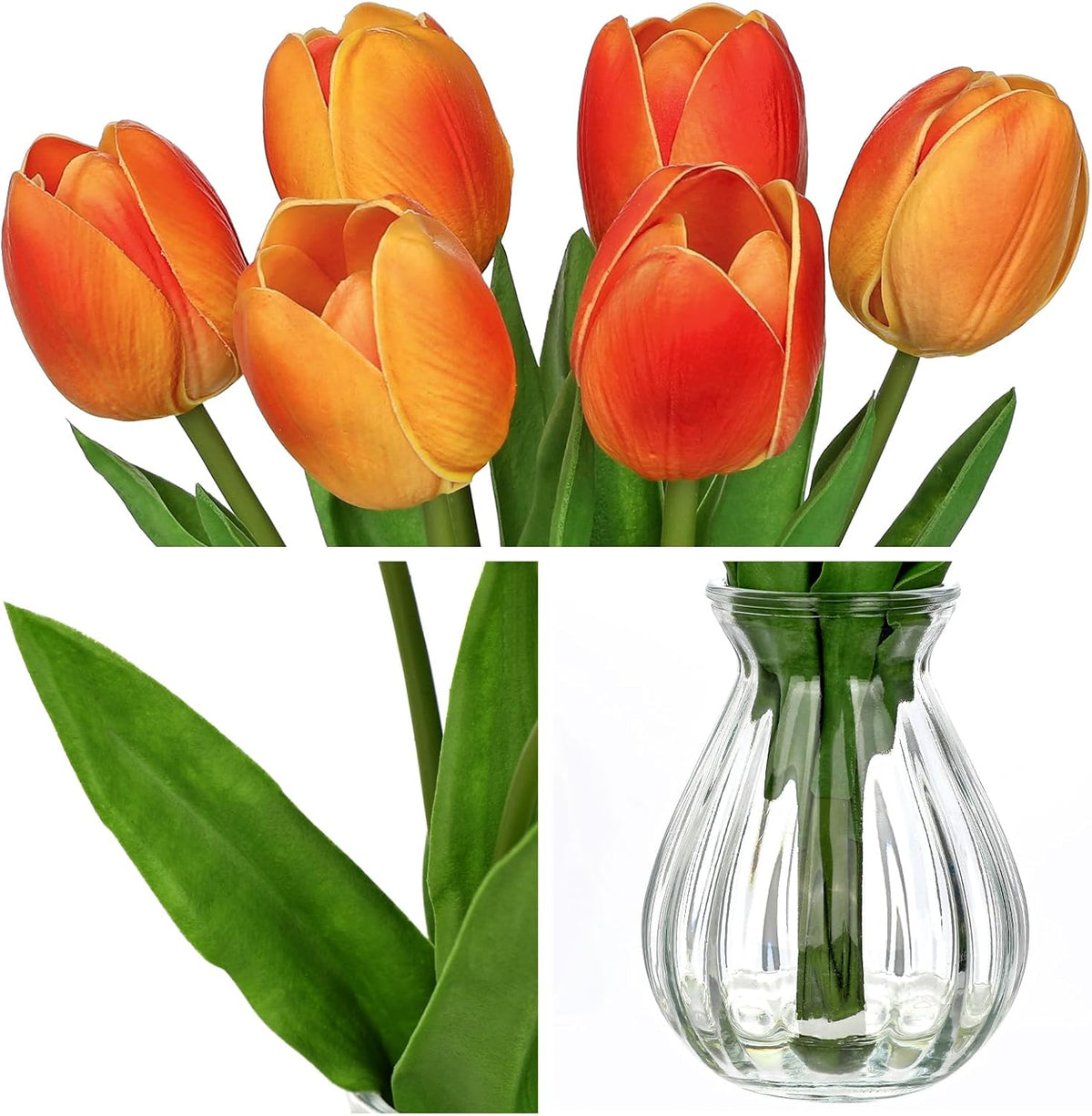 Artificial Tulips Flowers Floral Arrangement - 6 Pcs Faux Flowers in Clear Glass Vase with Faux Water 12.5" Pink & White Ombre Fake Tulip Bouquet Centerpiece for Dining Table Home Wedding Office Decor