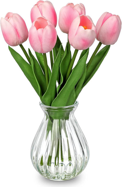 Artificial Tulips Flowers Floral Arrangement - 6 Pcs Faux Flowers in Clear Glass Vase with Faux Water 12.5" Pink & White Ombre Fake Tulip Bouquet Centerpiece for Dining Table Home Wedding Office Decor