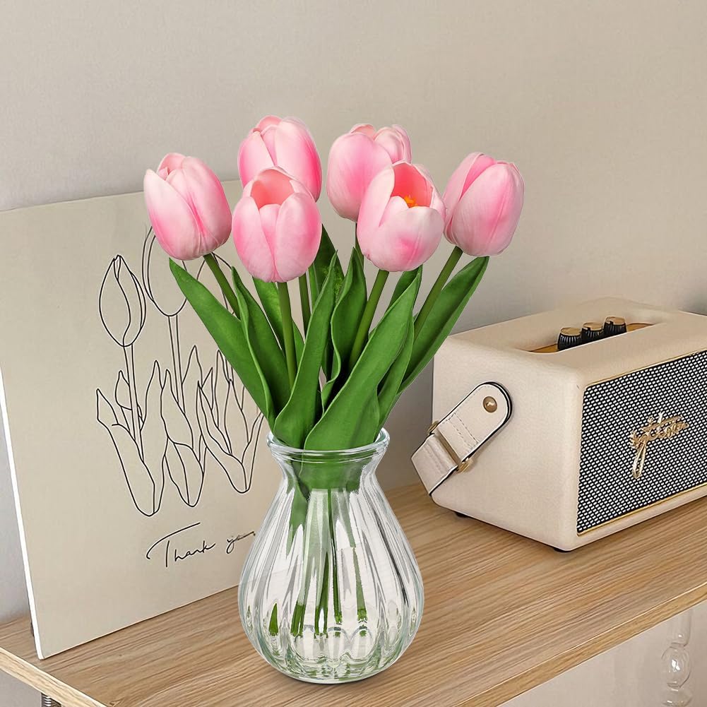 Artificial Tulips Flowers Floral Arrangement - 6 Pcs Faux Flowers in Clear Glass Vase with Faux Water 12.5" Pink & White Ombre Fake Tulip Bouquet Centerpiece for Dining Table Home Wedding Office Decor