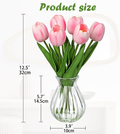 Artificial Tulips Flowers Floral Arrangement - 6 Pcs Faux Flowers in Clear Glass Vase with Faux Water 12.5" Pink & White Ombre Fake Tulip Bouquet Centerpiece for Dining Table Home Wedding Office Decor