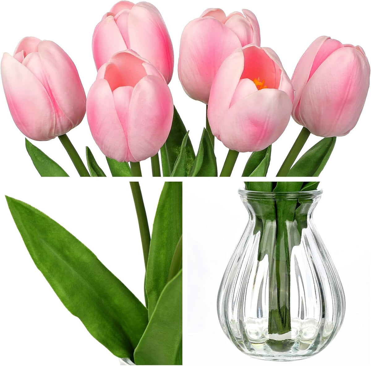 Artificial Tulips Flowers Floral Arrangement - 6 Pcs Faux Flowers in Clear Glass Vase with Faux Water 12.5" Pink & White Ombre Fake Tulip Bouquet Centerpiece for Dining Table Home Wedding Office Decor