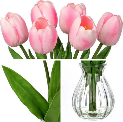 Artificial Tulips Flowers Floral Arrangement - 6 Pcs Faux Flowers in Clear Glass Vase with Faux Water 12.5" Pink & White Ombre Fake Tulip Bouquet Centerpiece for Dining Table Home Wedding Office Decor