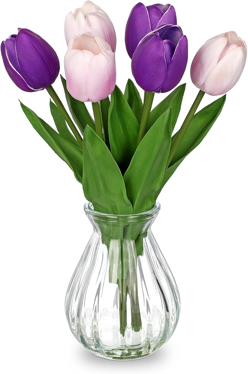 Artificial Tulips Flowers Floral Arrangement - 6 Pcs Faux Flowers in Clear Glass Vase with Faux Water 12.5" Pink & White Ombre Fake Tulip Bouquet Centerpiece for Dining Table Home Wedding Office Decor