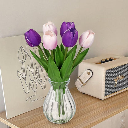 Artificial Tulips Flowers Floral Arrangement - 6 Pcs Faux Flowers in Clear Glass Vase with Faux Water 12.5" Pink & White Ombre Fake Tulip Bouquet Centerpiece for Dining Table Home Wedding Office Decor