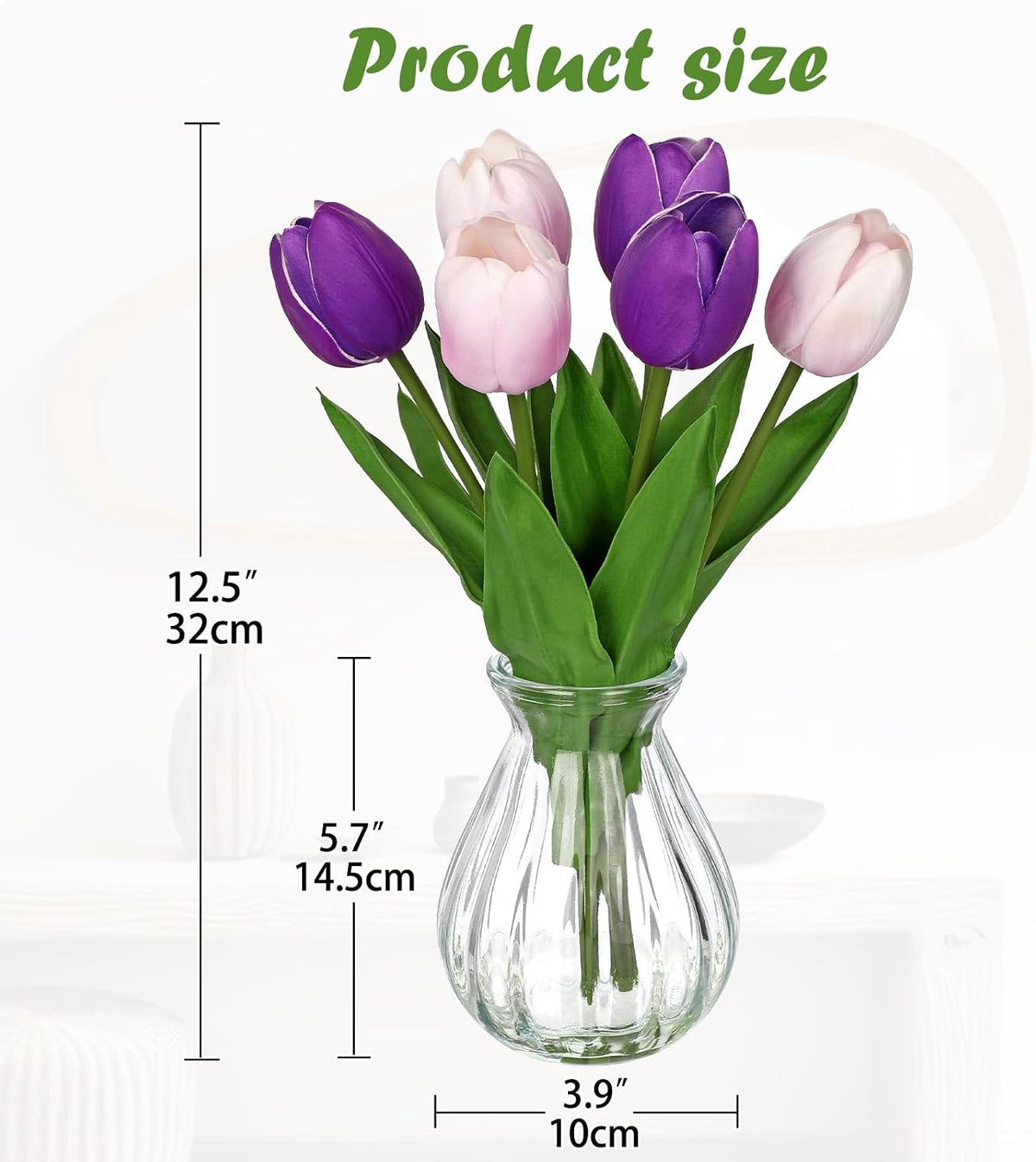 Artificial Tulips Flowers Floral Arrangement - 6 Pcs Faux Flowers in Clear Glass Vase with Faux Water 12.5" Pink & White Ombre Fake Tulip Bouquet Centerpiece for Dining Table Home Wedding Office Decor
