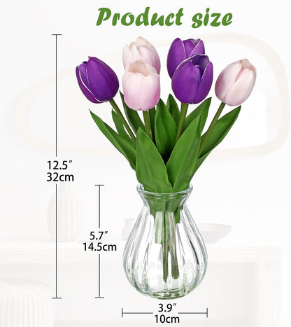 Artificial Tulips Flowers Floral Arrangement - 6 Pcs Faux Flowers in Clear Glass Vase with Faux Water 12.5" Pink & White Ombre Fake Tulip Bouquet Centerpiece for Dining Table Home Wedding Office Decor