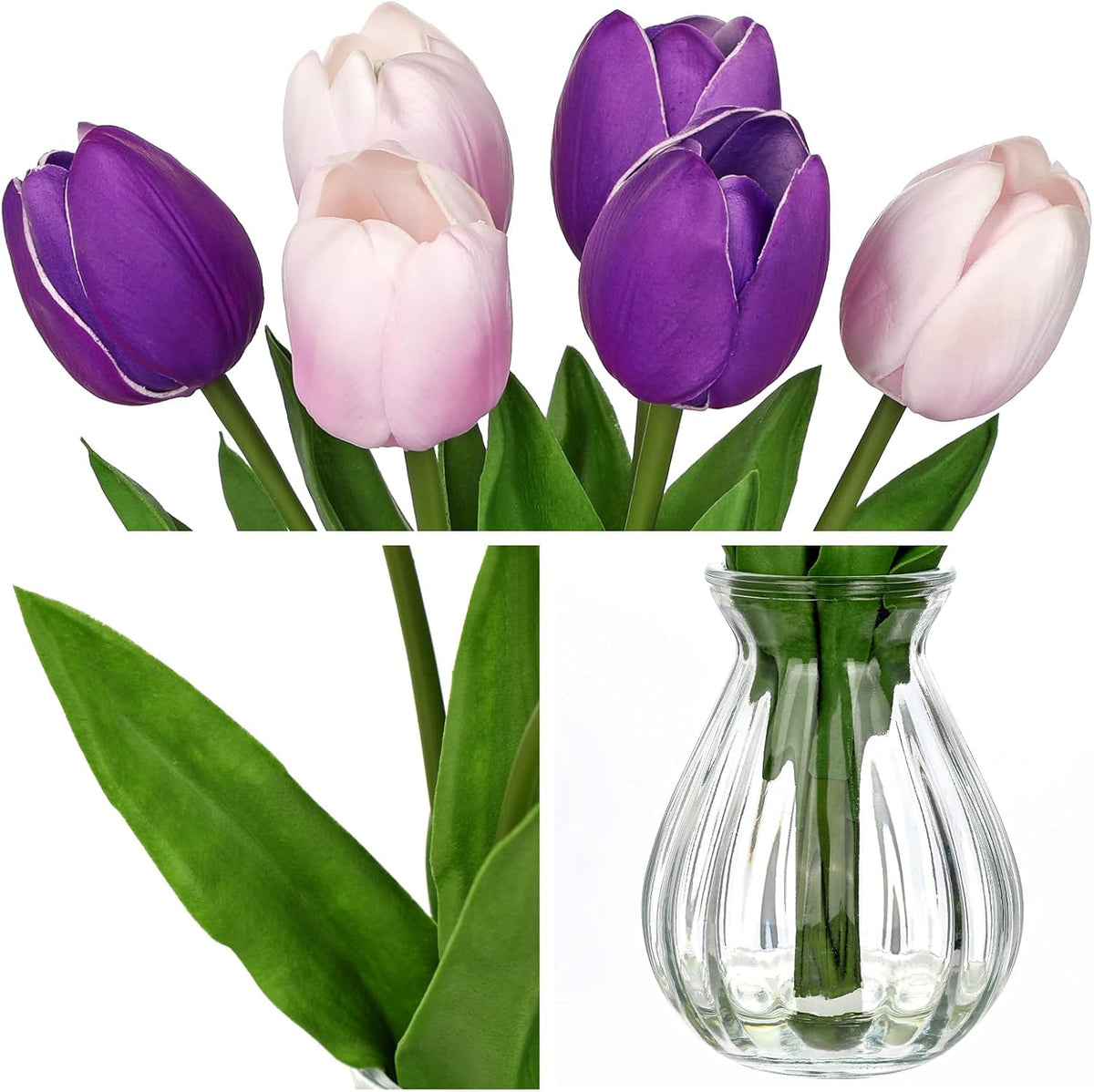 Artificial Tulips Flowers Floral Arrangement - 6 Pcs Faux Flowers in Clear Glass Vase with Faux Water 12.5" Pink & White Ombre Fake Tulip Bouquet Centerpiece for Dining Table Home Wedding Office Decor