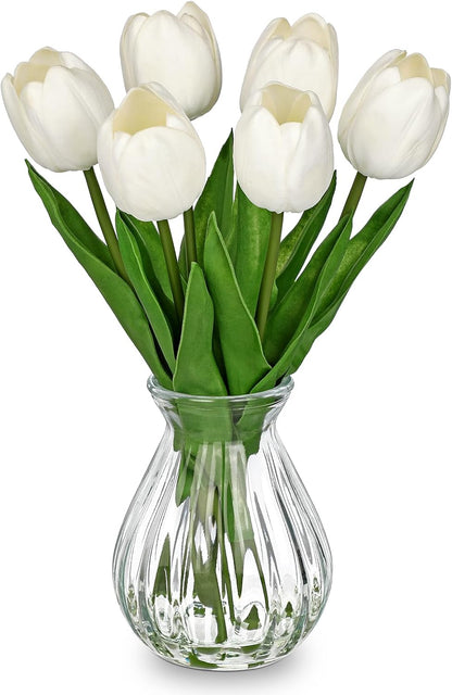 Artificial Tulips Flowers Floral Arrangement - 6 Pcs Faux Flowers in Clear Glass Vase with Faux Water 12.5" Pink & White Ombre Fake Tulip Bouquet Centerpiece for Dining Table Home Wedding Office Decor