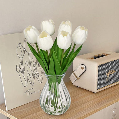 Artificial Tulips Flowers Floral Arrangement - 6 Pcs Faux Flowers in Clear Glass Vase with Faux Water 12.5" Pink & White Ombre Fake Tulip Bouquet Centerpiece for Dining Table Home Wedding Office Decor