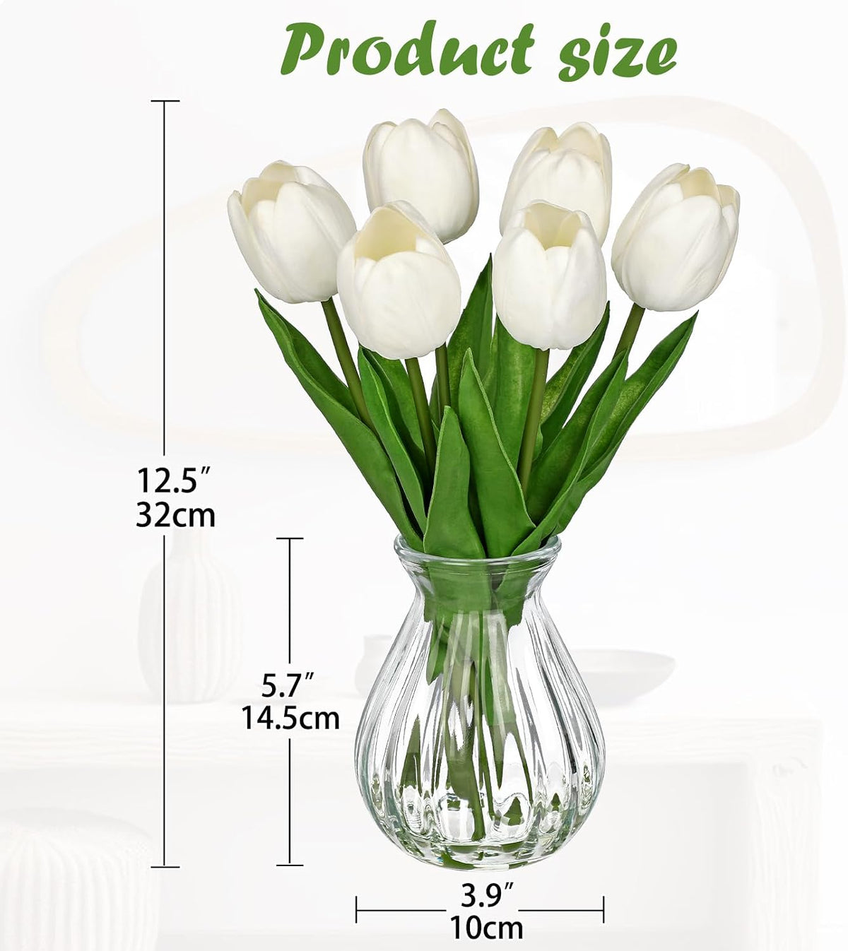 Artificial Tulips Flowers Floral Arrangement - 6 Pcs Faux Flowers in Clear Glass Vase with Faux Water 12.5" Pink & White Ombre Fake Tulip Bouquet Centerpiece for Dining Table Home Wedding Office Decor