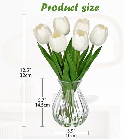 Artificial Tulips Flowers Floral Arrangement - 6 Pcs Faux Flowers in Clear Glass Vase with Faux Water 12.5" Pink & White Ombre Fake Tulip Bouquet Centerpiece for Dining Table Home Wedding Office Decor