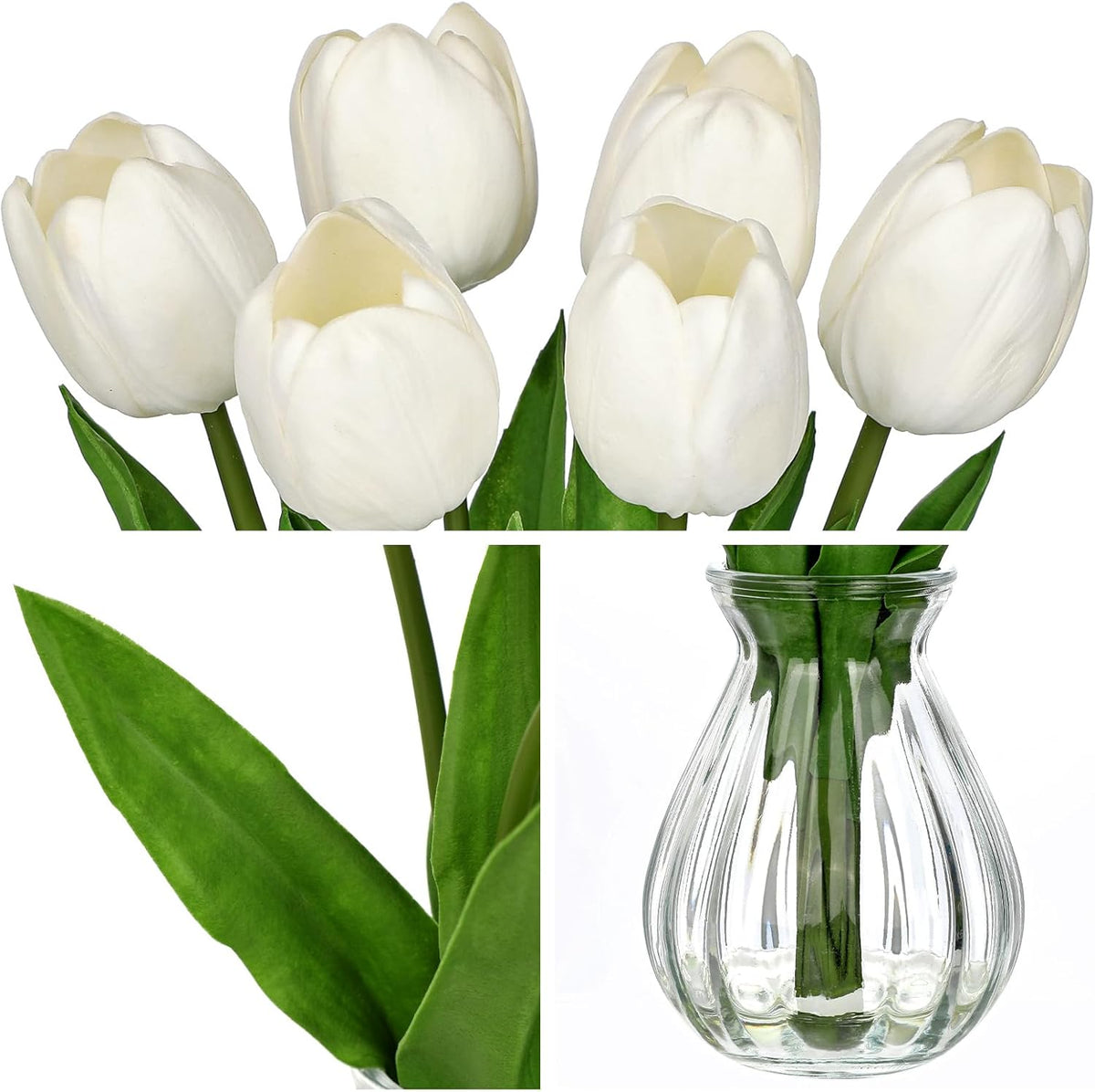 Artificial Tulips Flowers Floral Arrangement - 6 Pcs Faux Flowers in Clear Glass Vase with Faux Water 12.5" Pink & White Ombre Fake Tulip Bouquet Centerpiece for Dining Table Home Wedding Office Decor