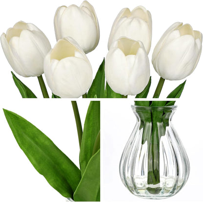 Artificial Tulips Flowers Floral Arrangement - 6 Pcs Faux Flowers in Clear Glass Vase with Faux Water 12.5" Pink & White Ombre Fake Tulip Bouquet Centerpiece for Dining Table Home Wedding Office Decor