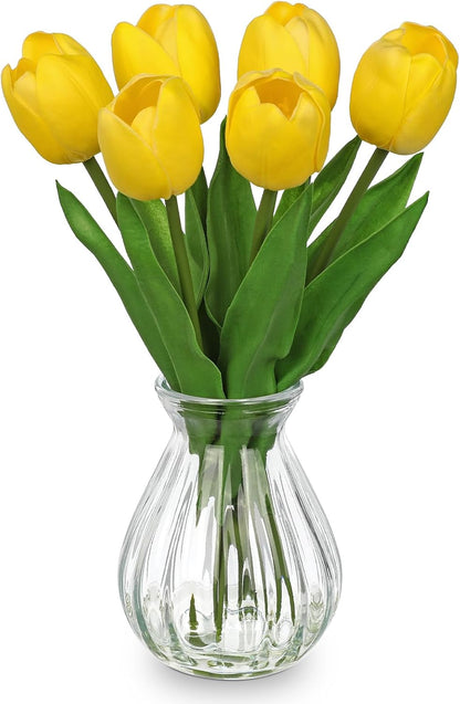 Artificial Tulips Flowers Floral Arrangement - 6 Pcs Faux Flowers in Clear Glass Vase with Faux Water 12.5" Pink & White Ombre Fake Tulip Bouquet Centerpiece for Dining Table Home Wedding Office Decor