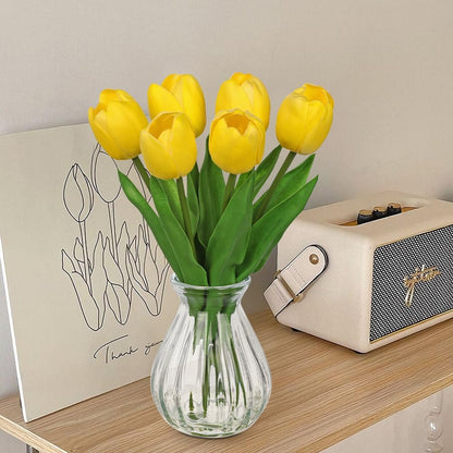 Artificial Tulips Flowers Floral Arrangement - 6 Pcs Faux Flowers in Clear Glass Vase with Faux Water 12.5" Pink & White Ombre Fake Tulip Bouquet Centerpiece for Dining Table Home Wedding Office Decor