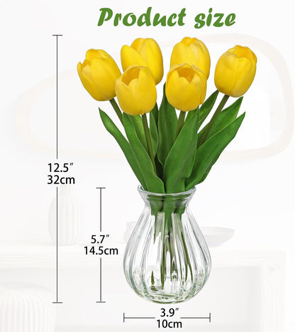 Artificial Tulips Flowers Floral Arrangement - 6 Pcs Faux Flowers in Clear Glass Vase with Faux Water 12.5" Pink & White Ombre Fake Tulip Bouquet Centerpiece for Dining Table Home Wedding Office Decor