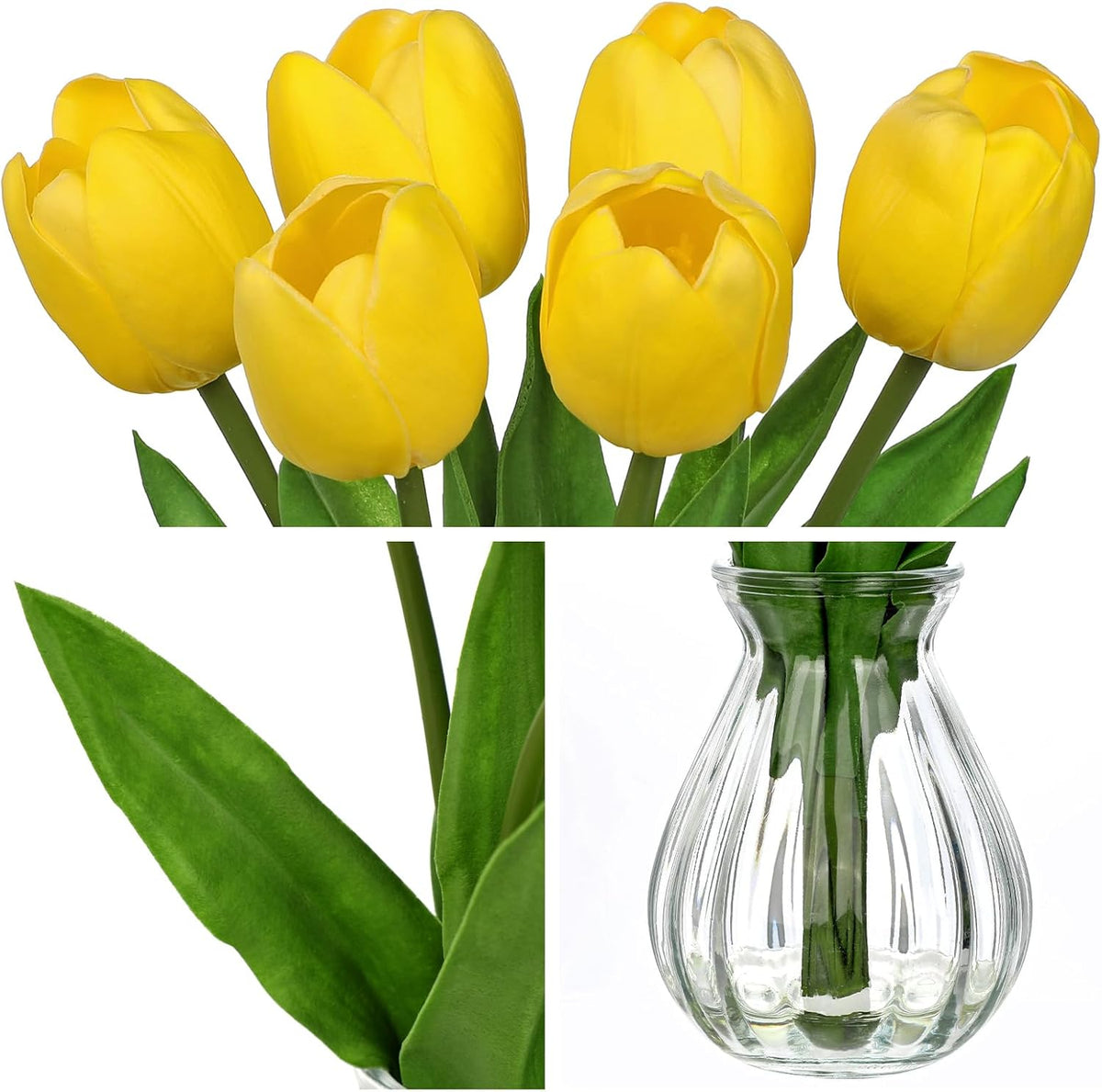 Artificial Tulips Flowers Floral Arrangement - 6 Pcs Faux Flowers in Clear Glass Vase with Faux Water 12.5" Pink & White Ombre Fake Tulip Bouquet Centerpiece for Dining Table Home Wedding Office Decor