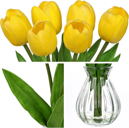 Artificial Tulips Flowers Floral Arrangement - 6 Pcs Faux Flowers in Clear Glass Vase with Faux Water 12.5" Pink & White Ombre Fake Tulip Bouquet Centerpiece for Dining Table Home Wedding Office Decor