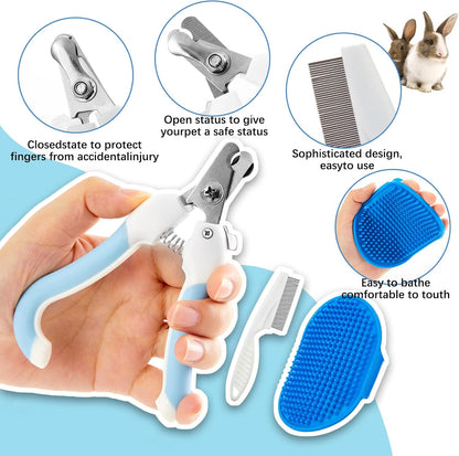 Small Animal Playpen & Grooming Kit, Portable Foldable Pet Playpen with Mesh Top for Rabbits, Guinea Pigs, Hamsters, Hedgehogs, Includes Feeding Bowls, Grooming Tools, and Bedding Mat, Blue