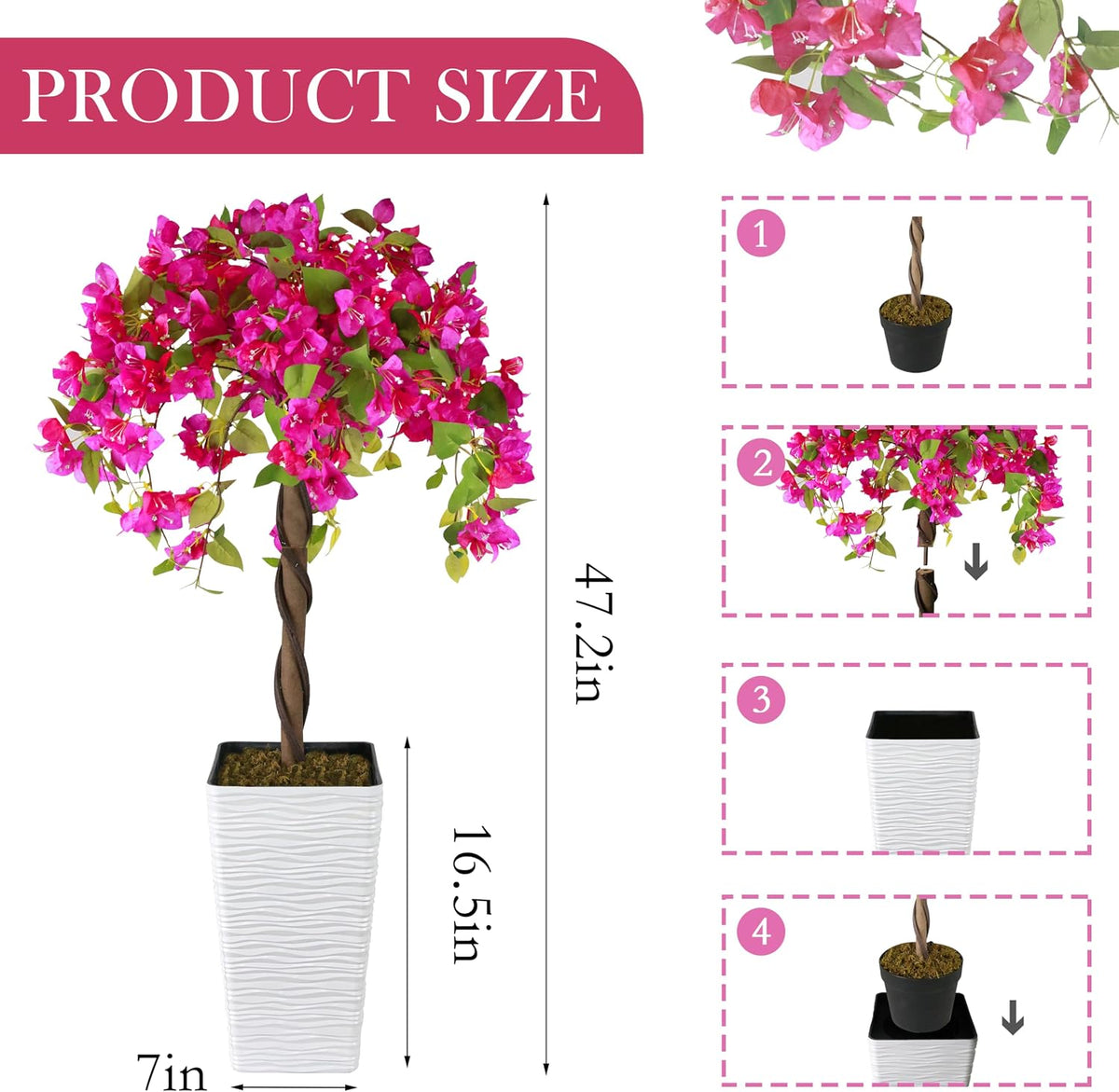 2PCS 4FT Artificial Bougainvillea Tree Fake Flower Tree with Pots
