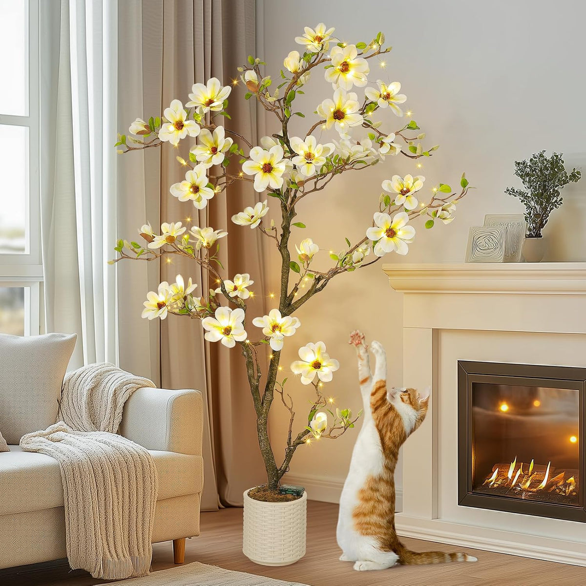 6 ft Faux Magnolia Plant Artificial Flower Trees Fake Plants for Yard Patio Home Office Arrangement Decor Artificial Magnolia Tree Inc. 180 Realistic Flowers Vivid Leaves Mosses Lighting White Pot