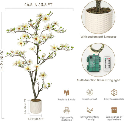 6 ft Faux Magnolia Plant Artificial Flower Trees Fake Plants for Yard Patio Home Office Arrangement Decor Artificial Magnolia Tree Inc. 180 Realistic Flowers Vivid Leaves Mosses Lighting White Pot