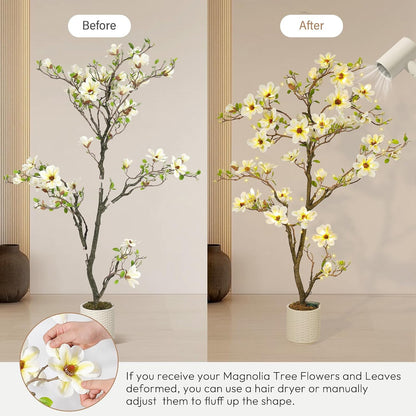 6 ft Faux Magnolia Plant Artificial Flower Trees Fake Plants for Yard Patio Home Office Arrangement Decor Artificial Magnolia Tree Inc. 180 Realistic Flowers Vivid Leaves Mosses Lighting White Pot