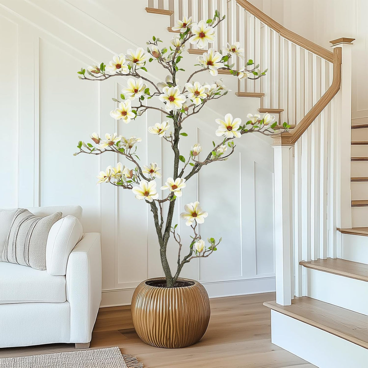 6 ft Faux Magnolia Plant Artificial Flower Trees Fake Plants for Yard Patio Home Office Arrangement Decor Artificial Magnolia Tree Inc. 180 Realistic Flowers Vivid Leaves Mosses Lighting White Pot