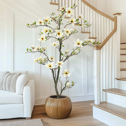 6 ft Faux Magnolia Plant Artificial Flower Trees Fake Plants for Yard Patio Home Office Arrangement Decor Artificial Magnolia Tree Inc. 180 Realistic Flowers Vivid Leaves Mosses Lighting White Pot