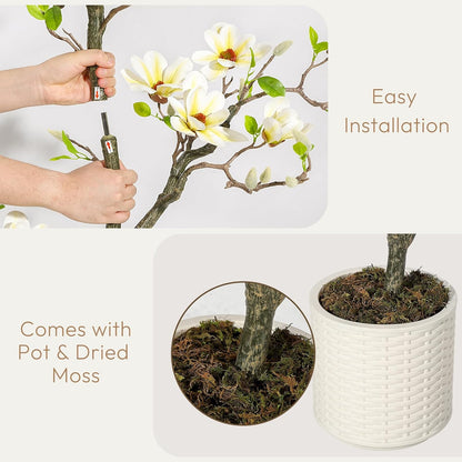 6 ft Faux Magnolia Plant Artificial Flower Trees Fake Plants for Yard Patio Home Office Arrangement Decor Artificial Magnolia Tree Inc. 180 Realistic Flowers Vivid Leaves Mosses Lighting White Pot